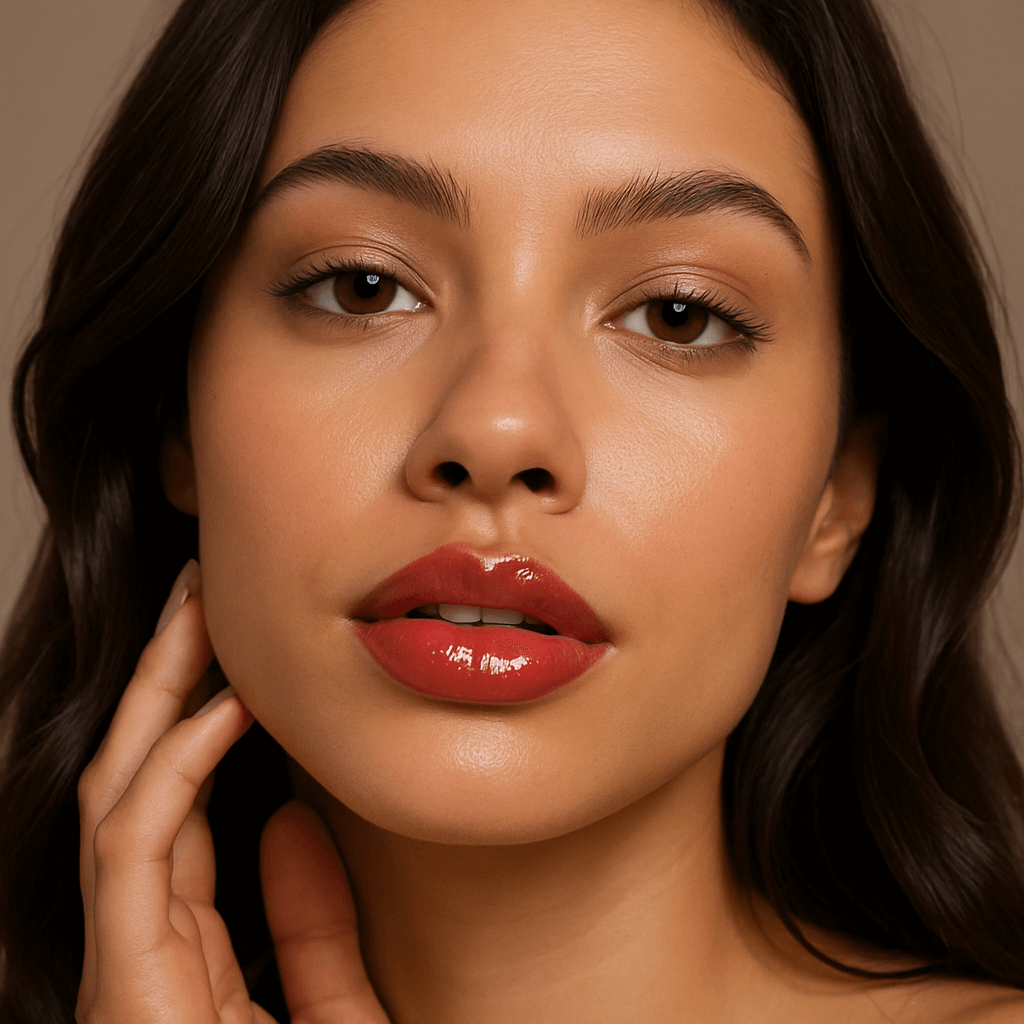 Λάδι για γέμισμα χειλιών, με γυαλιστερή εμφάνιση σε γυναίκα με ζωντανά χείλη και επιδερμίδα.