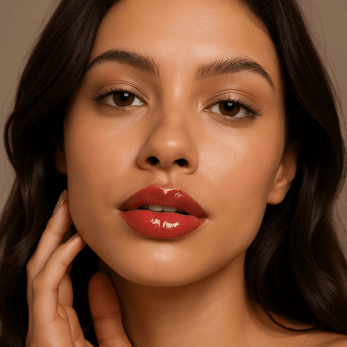 Λάδι για γέμισμα χειλιών, με γυαλιστερή εμφάνιση σε γυναίκα με ζωντανά χείλη και επιδερμίδα.