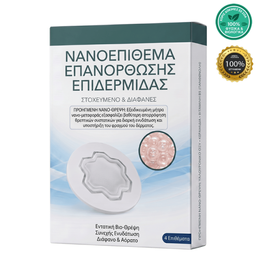Νανοέμπλαστρο Αποκατάστασης Δέρματος σε συσκευασία, ιδανικό για απαλό και υγιές δέρμα.