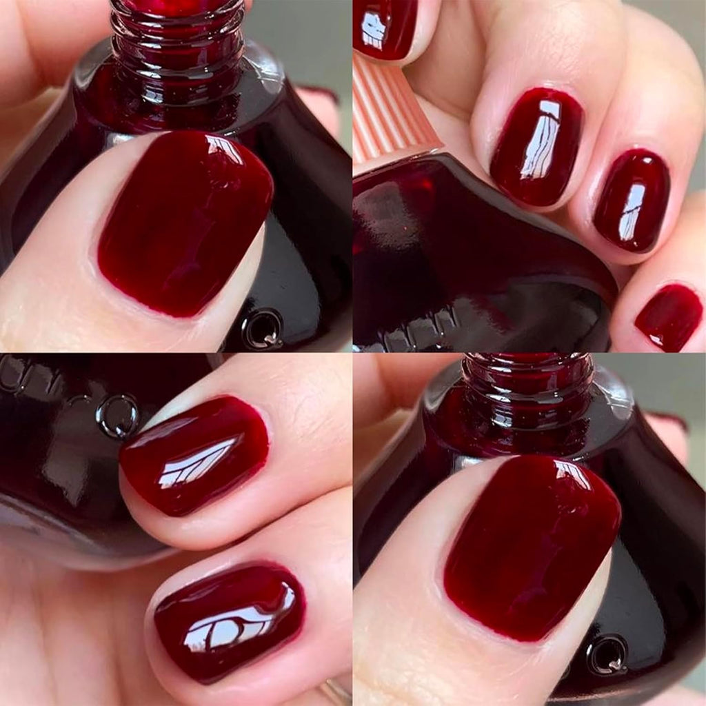 Helia Φωτεινό βερνίκι νυχιών in deep red shade, showcasing glossy finish and quick-drying formula.
