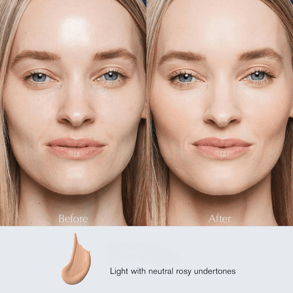 Helia μακράς διάρκειας βάση before and after comparison on a model's face with neutral rosy undertones.